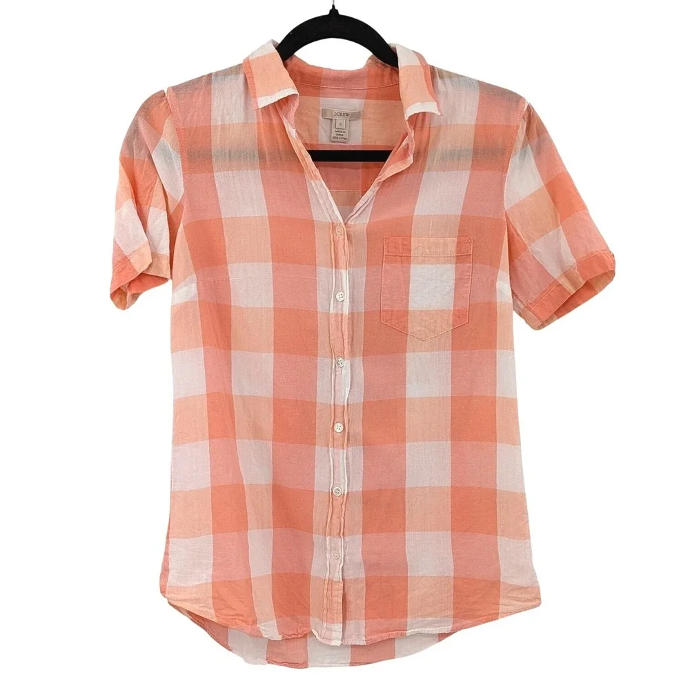 J.Crew Womens Size 0 Coral White Gingham Check Cotton Button Up Shirt Preppy